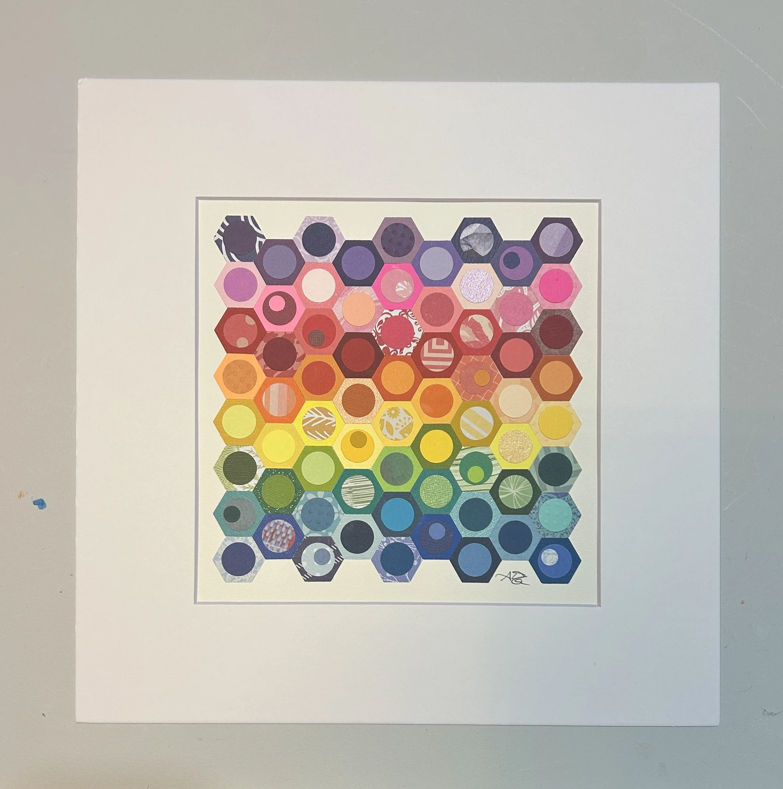 "Rainbow Hive" 8x8" original paper mosaic, (12x12" matted, unframed)