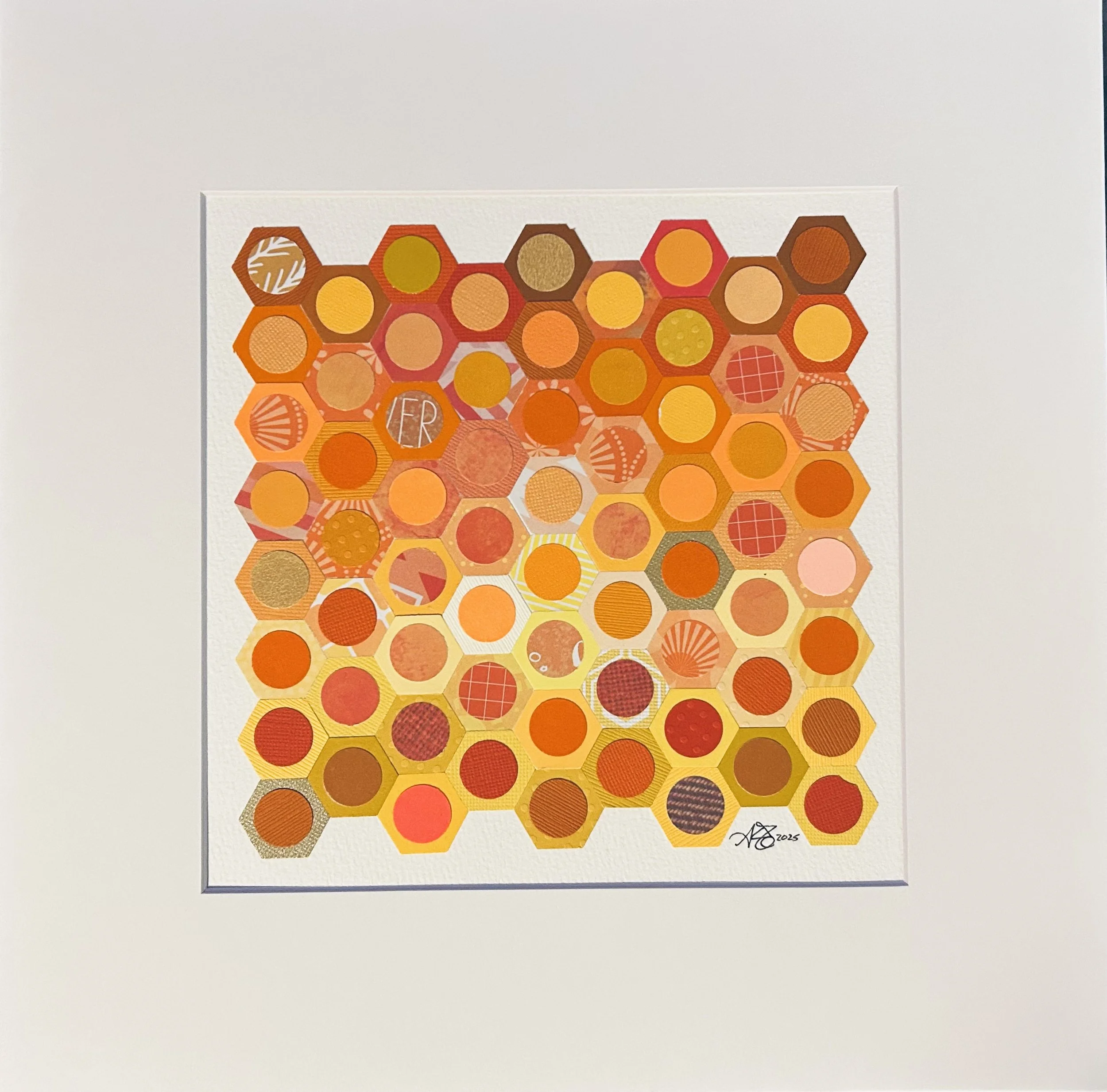 "Orange Hive" 8x8" original paper mosaic (12x12" mat unframed)