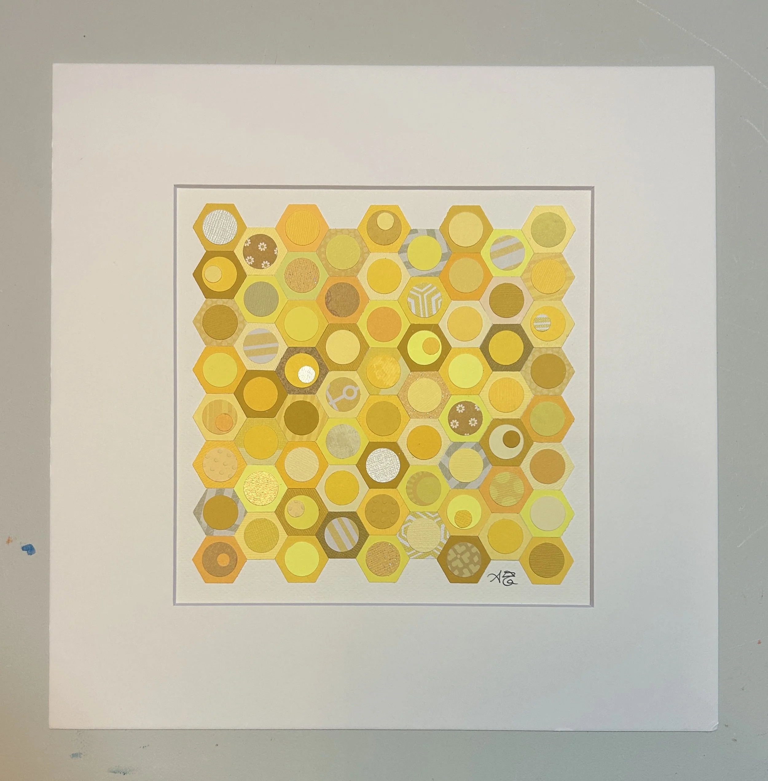 "Yellow Hive" 8x8" original paper mosaic (12x12" matted, unframed)