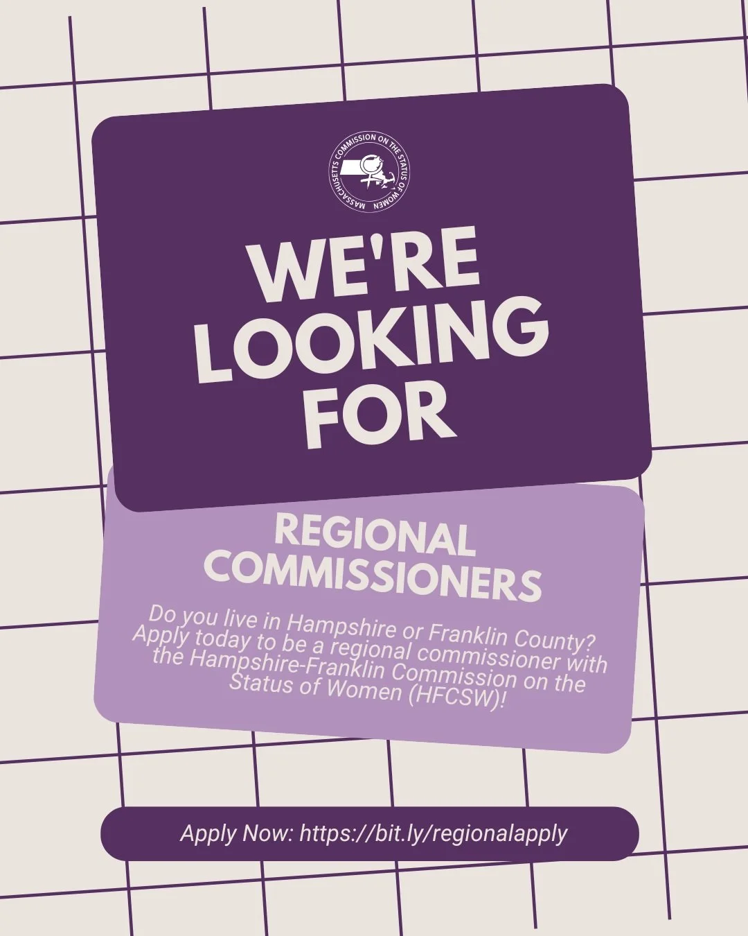 The Hampshire-Franklin Commission on the Status of Women is seeking Regional Commissioner applicants!

Regional Commissioners are volunteers who work to advance the status of women and girls across Hampshire and Franklin Counties. Commissioners engag