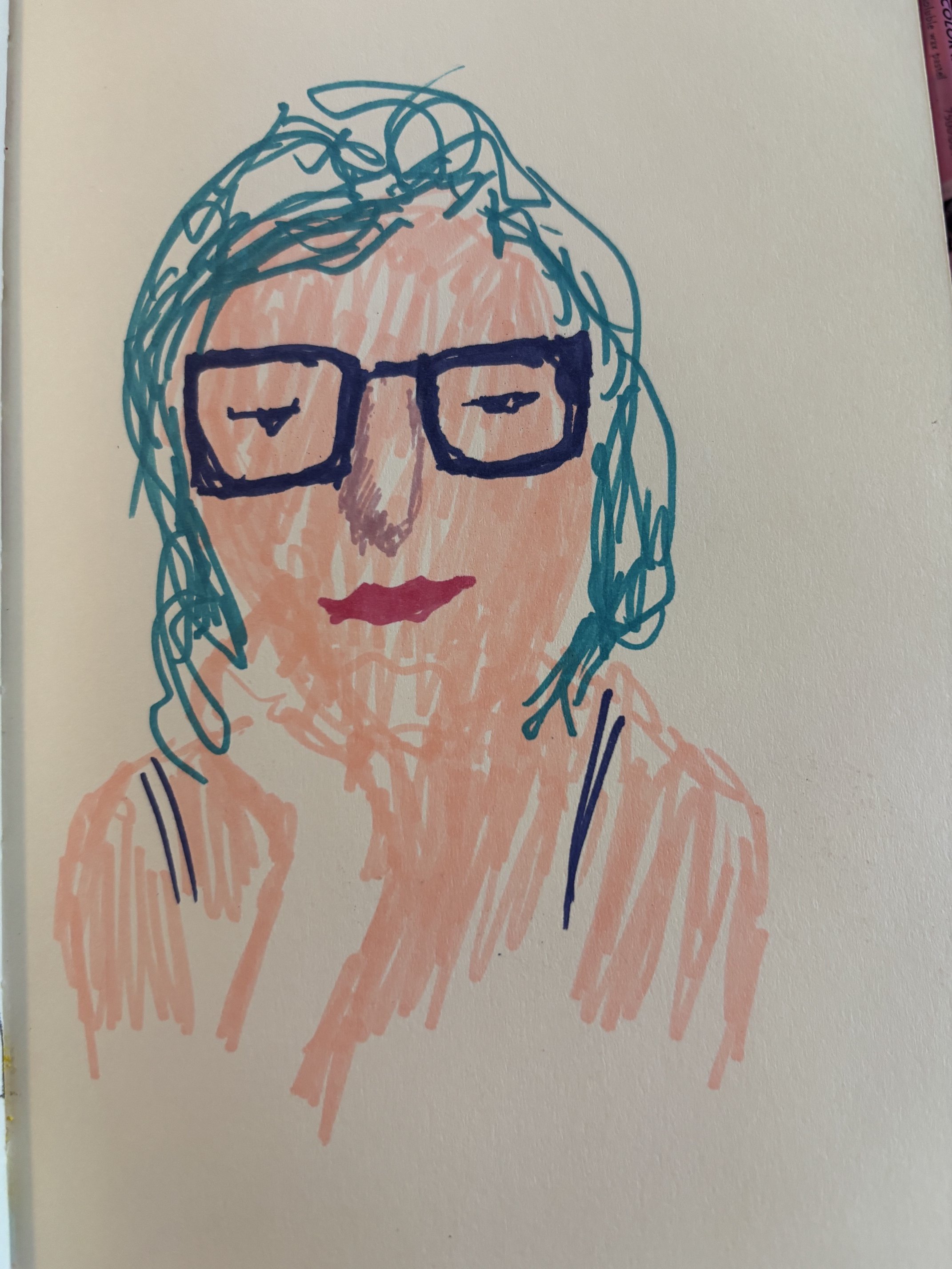 A marker sketch of a woman in glasses with blue hair.