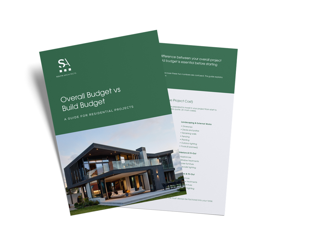 Brochure titled "Overall Budget vs Build Budget: A Guide for Residential Projects" with a modern house image and South Architects logo.