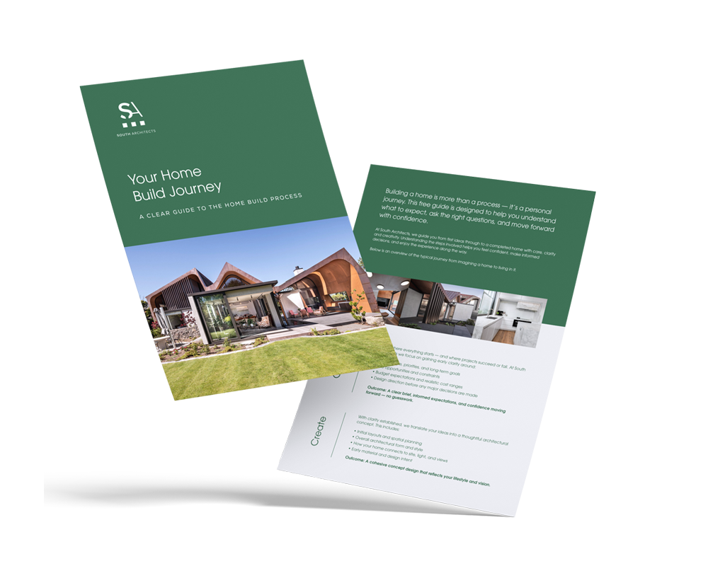 Brochure titled 'Your Home Build Journey' with images of modern house architecture and interior design, green background, and white text.
