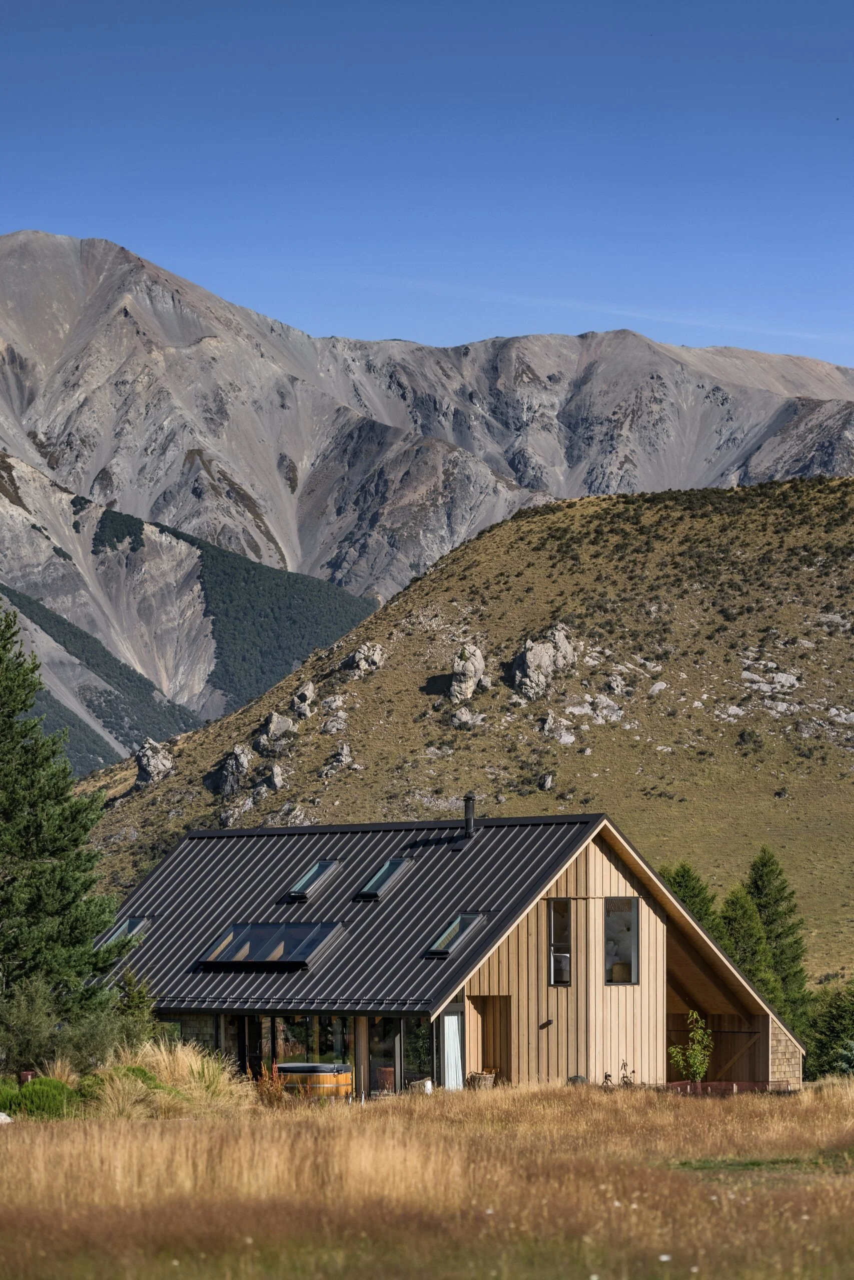 A modern wooden house with a sloped metal roof is set in a rural landscape with mountains in the background. The house features large windows and sits on a grassy field with some trees.
