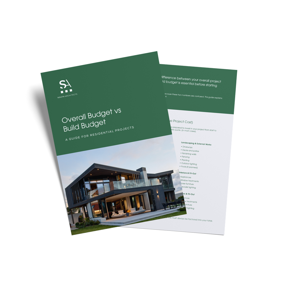 Brochure titled 'Overall Budget vs Build Budget: A Guide for Residential Projects' featuring an architectural photo of a modern house with large windows and outdoor lighting.
