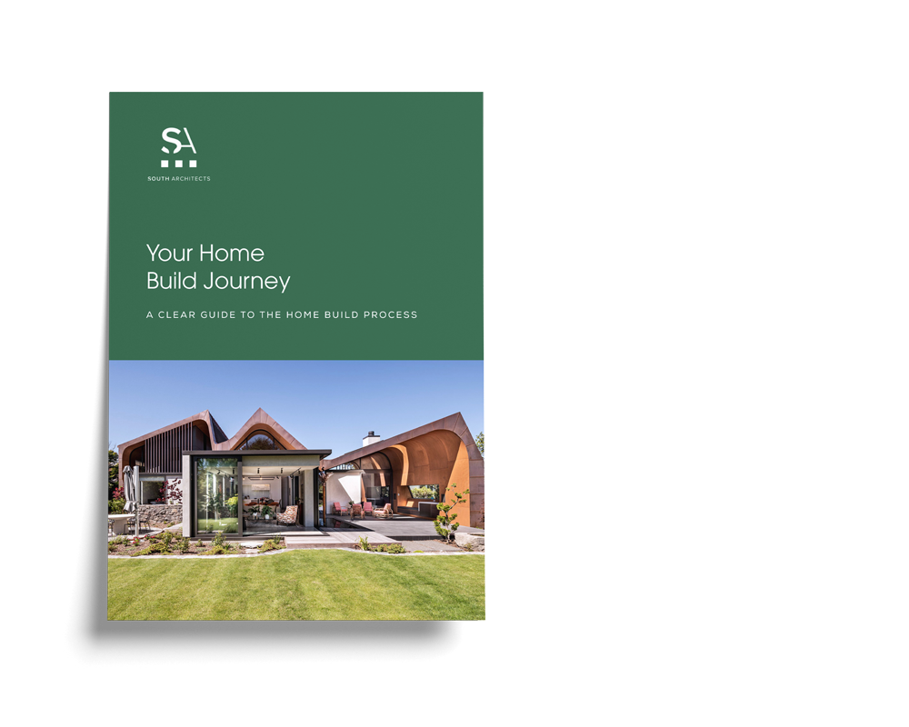 Cover of a home build guidebook featuring the company South Architects, with an image of a modern house with a garden.