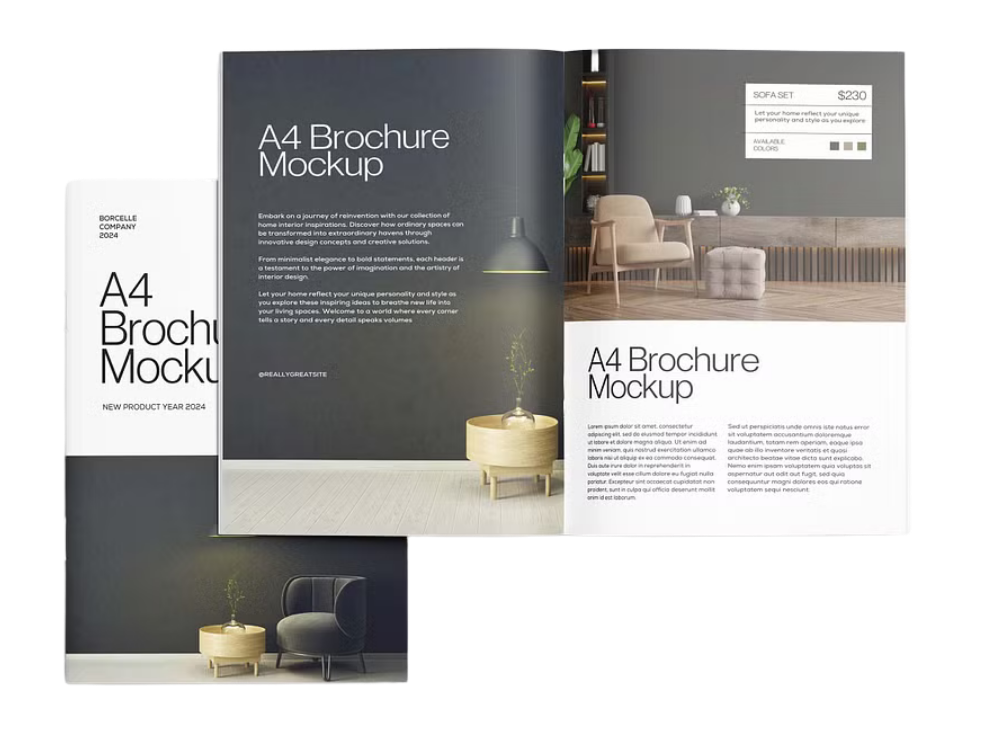 An open A4 brochure mockup displaying interior furniture images with placeholder text, price, and color options on a dark background.