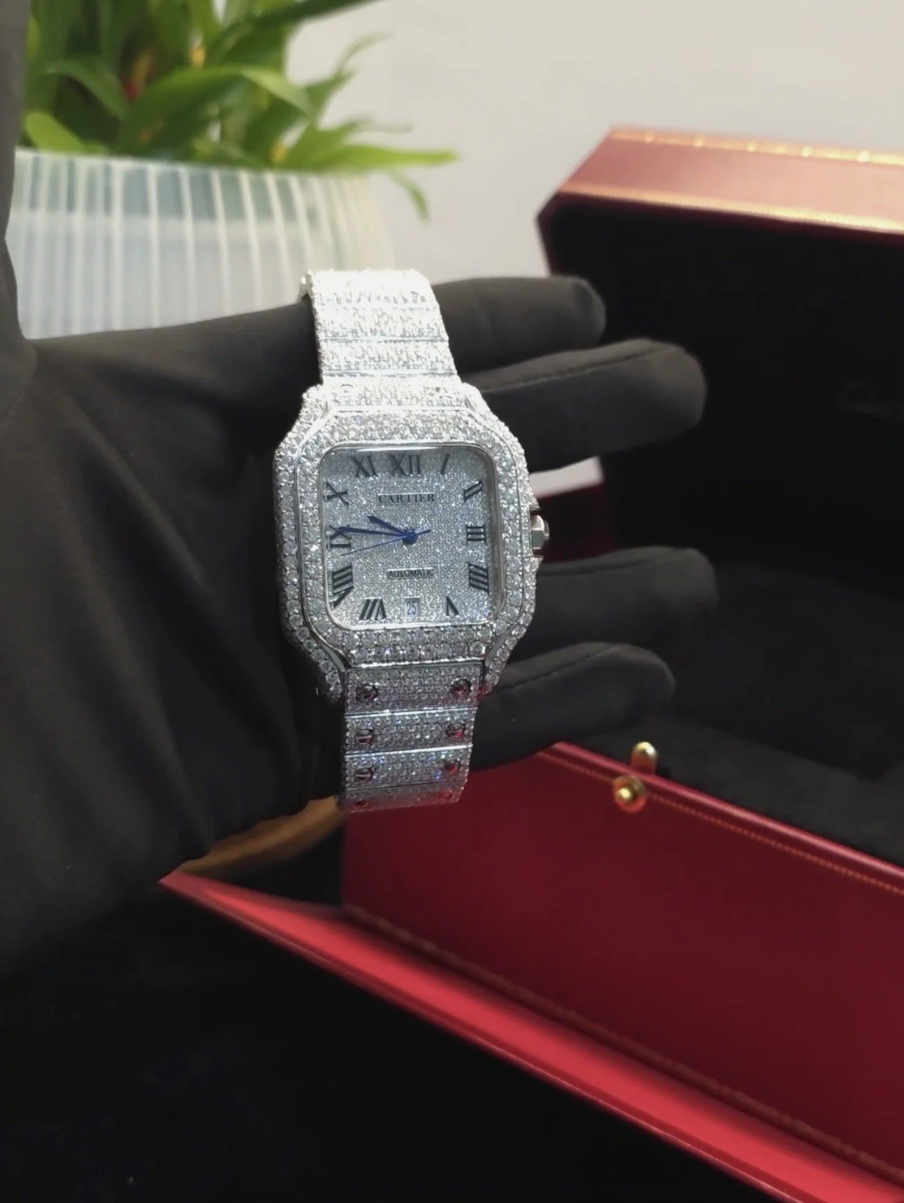 FULLY ICED SANTOS-STYLE MOISSANITE WATCH- BUST DOWN LUXURY TIMEPIECE