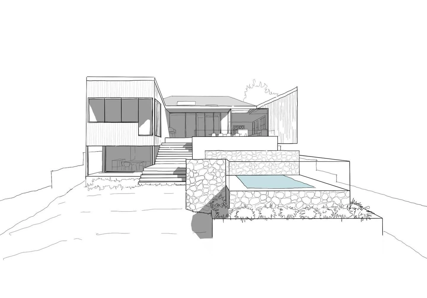 These sketches offer a more vernacular solution for a rear addition to a home in New Lambton heights. Explored back in 2023, the design took a departure from the art deco curves of the original facade. 

Although this wasn&rsquo;t the finalised conce