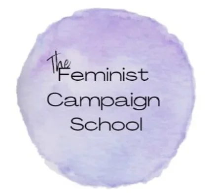 A purple watercolored circle with the text "The Feminist Campaign School" inside.
