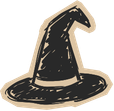 A black witch's hat with a floppy brim and pointed top.