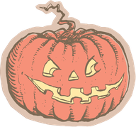 A carved pumpkin with a classic jack-o'-lantern face, featuring triangular eyes, a nose, and a jagged mouth.