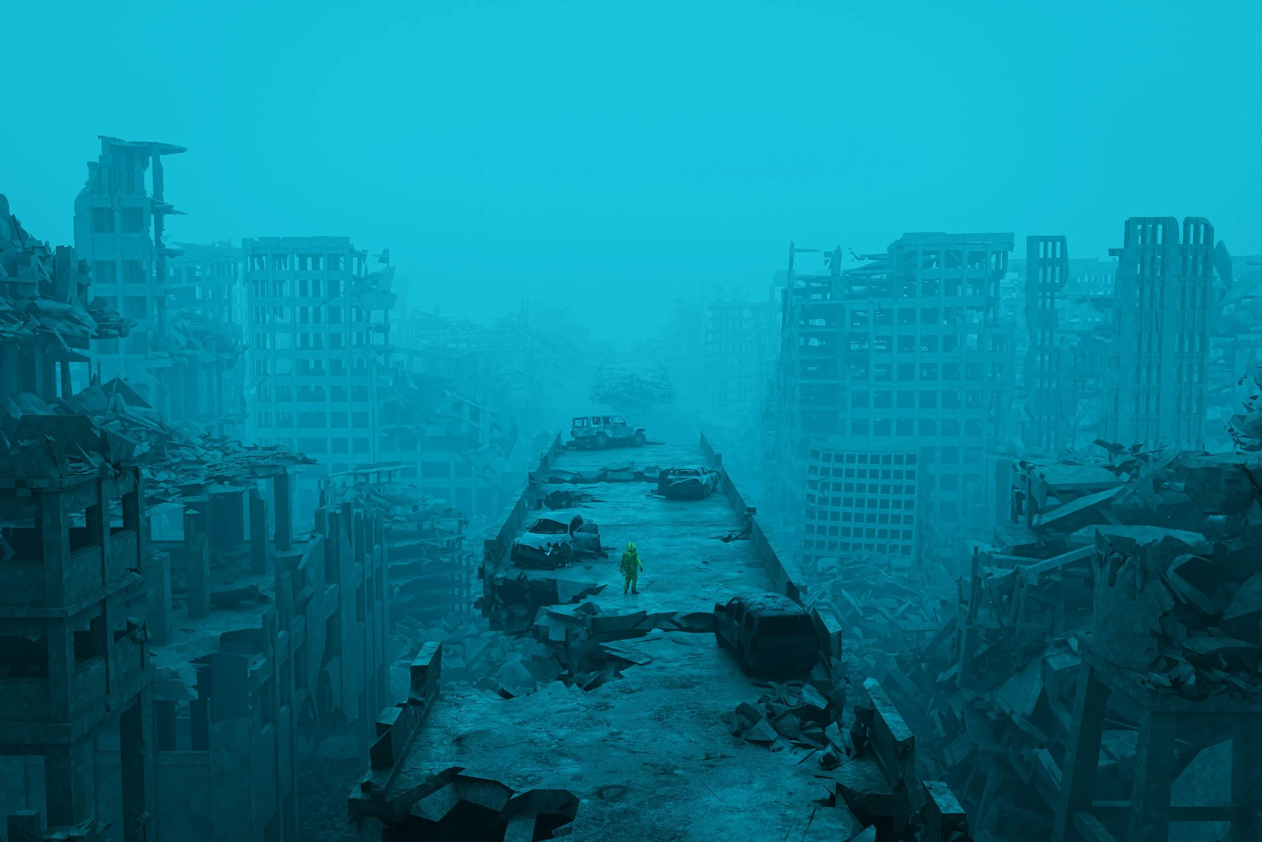 A post-apocalyptic scene of a damaged city with collapsed high-rise buildings, a destroyed bridge with parked cars, and a person in a hazmat suit walking among debris.