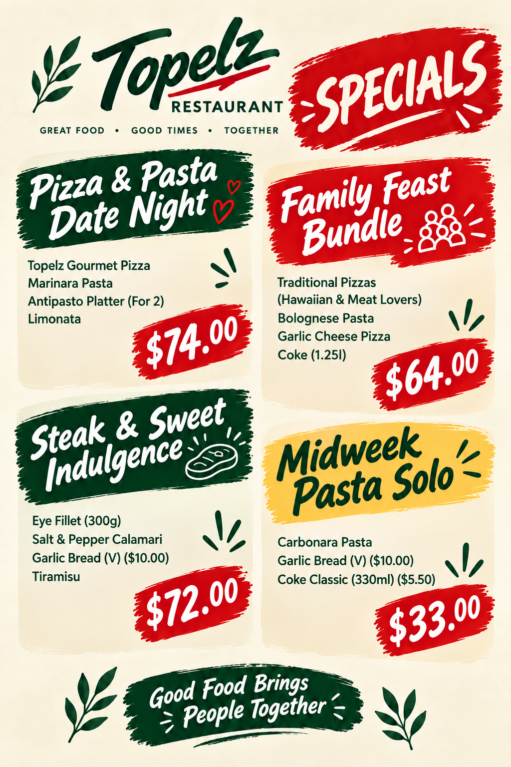 Restaurant menu highlighting specials including pizza and pasta, family feast bundle, steak and sweet indulgence, and midweek pasta solo with prices listed.