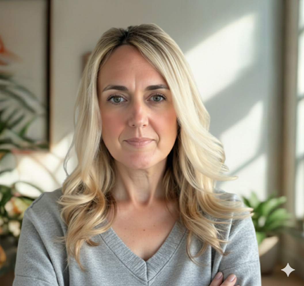 A woman with blonde hair and blue eyes looking at the camera, near a window with sunlight, in a cozy indoor setting with plants in the background.