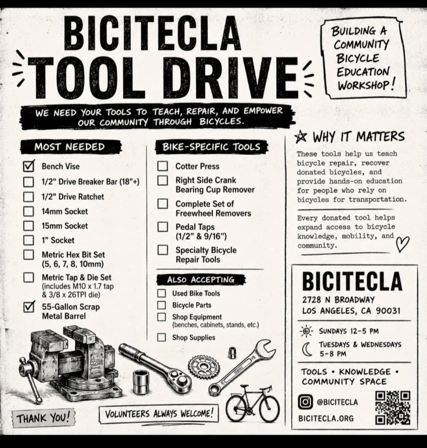 Bicitecla is building a community bicycle education space, and we're looking for donated tools and equipment to help us teach bicycle repair, refurbish donated bikes, and keep more people riding.

From bench vises and breaker bars to bike-specific re