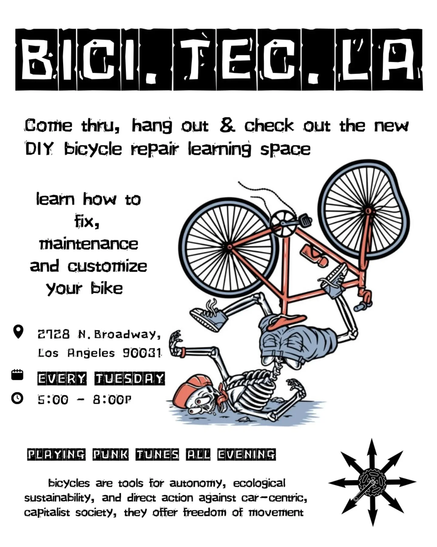 Come thru, hang out, and check out our DIY bicycle repair learning space.

We're open every Tuesday from 5-8 PM. Learn how to fix, maintain, and customize your bike with guidance from the crew.

2728 N. Broadway Los Angeles, CA 90031

Bring your bike