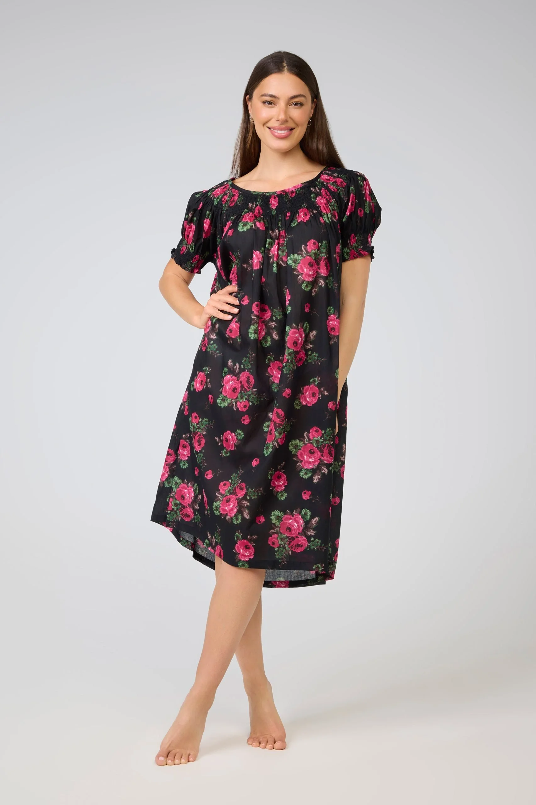 MD-84P4 Dress | Shirred Bodice Short Sleeve