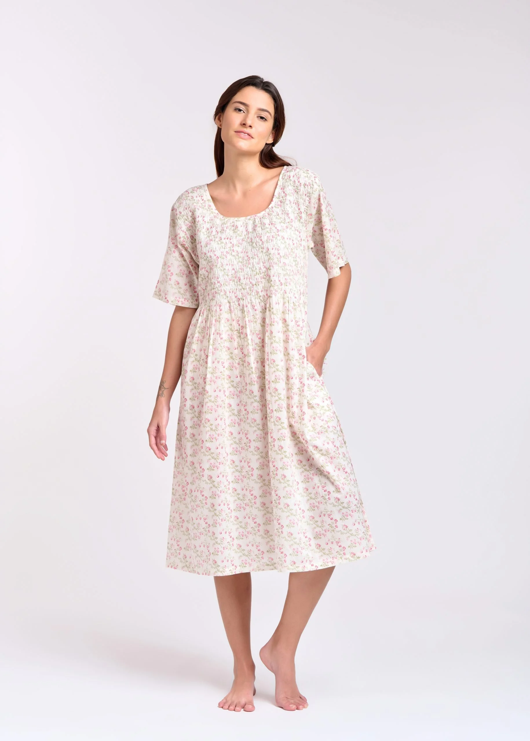 MD-83F7 Dress | Shirred Bodice Short Sleeve