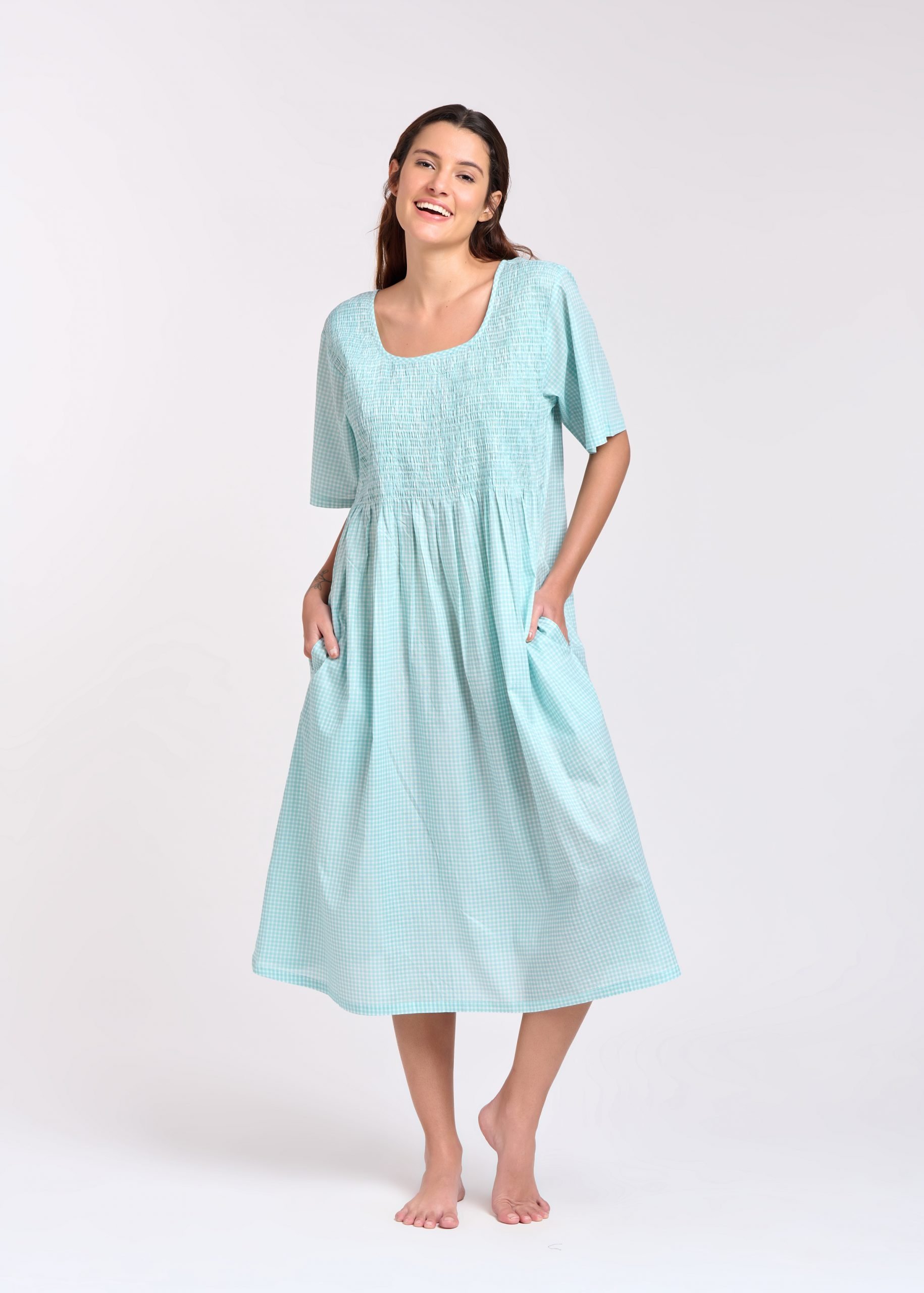 MD-83CB Nightie | Shirred Bodice Short Sleeve Gingham Print