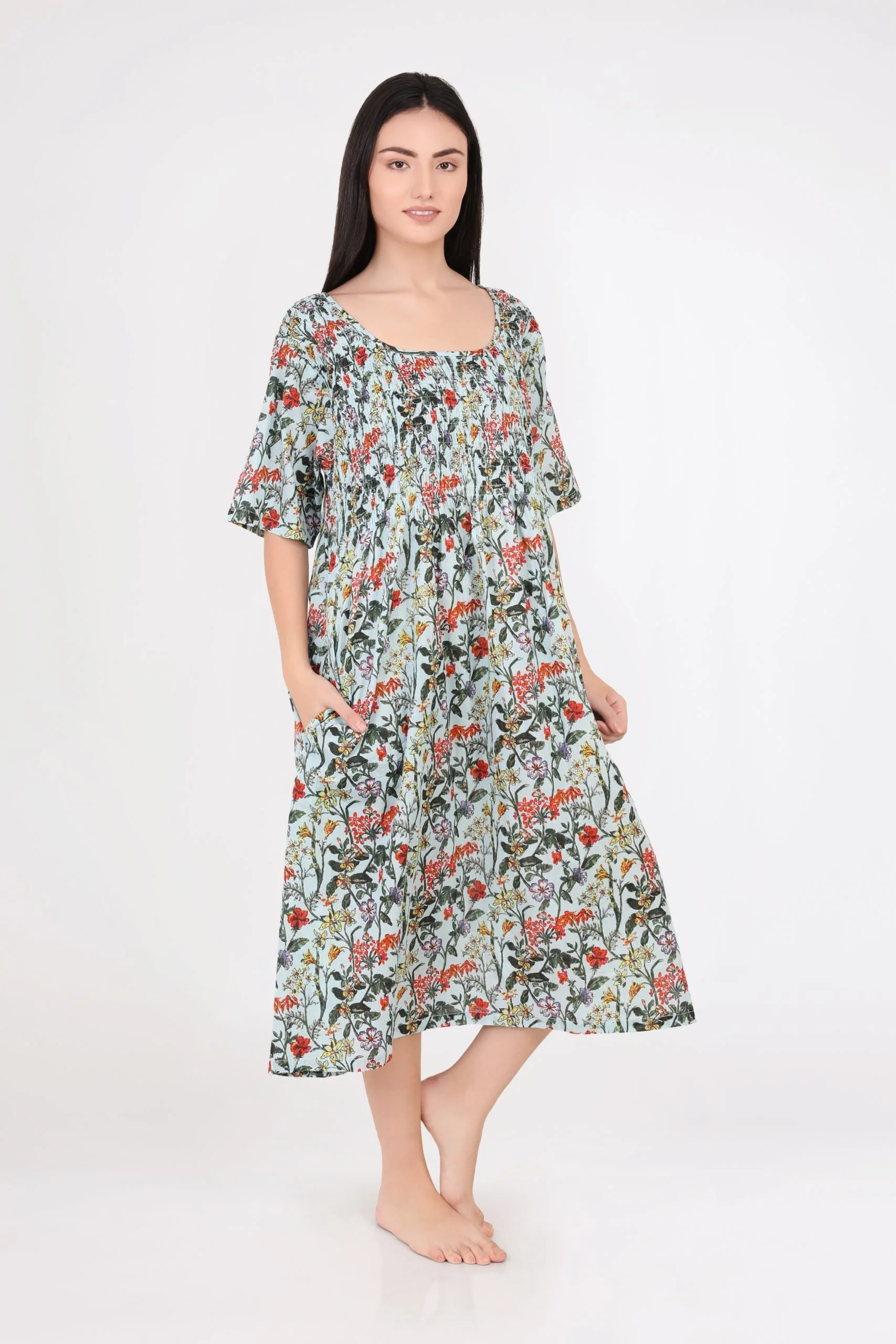 MD-83F5 Nightie | Shirred Bodice Short Sleeve (Floral 5)