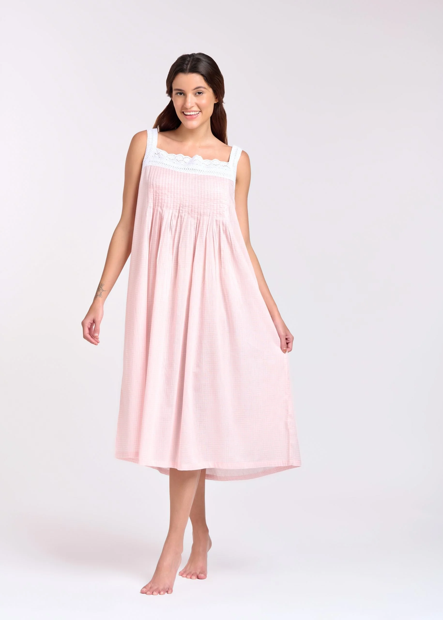 MD-78CP Nightie | Pin Tucked Laced Gingham Print
