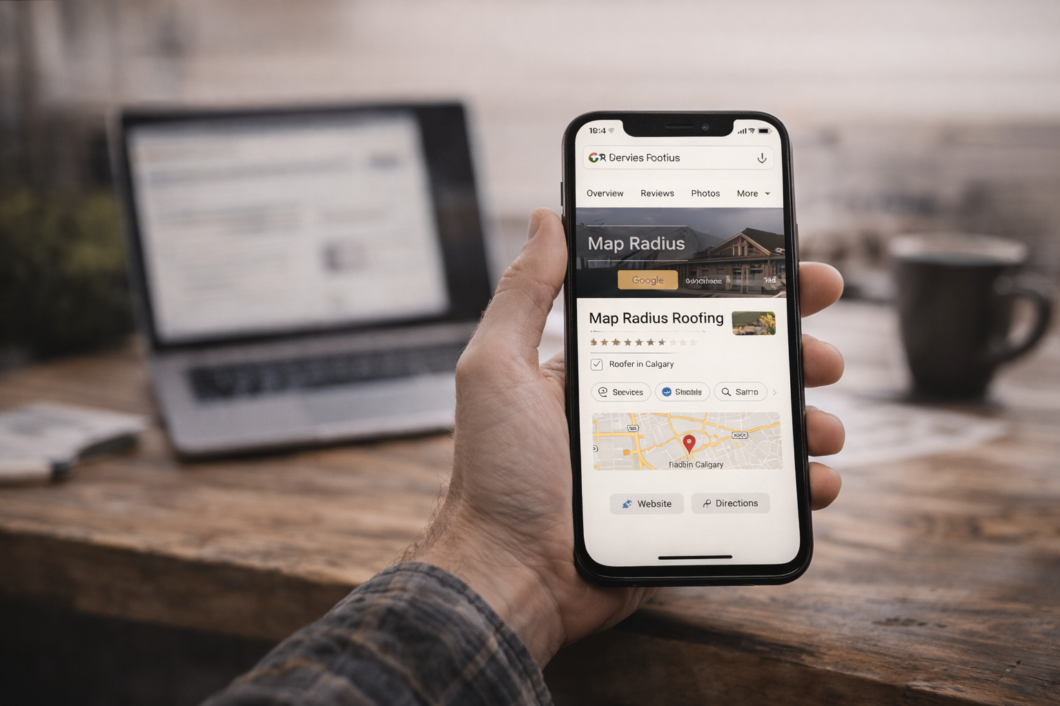 Person holding a smartphone displaying a map search for roofing services in Calgary, with a blurred laptop and coffee mug in the background on a wooden desk.