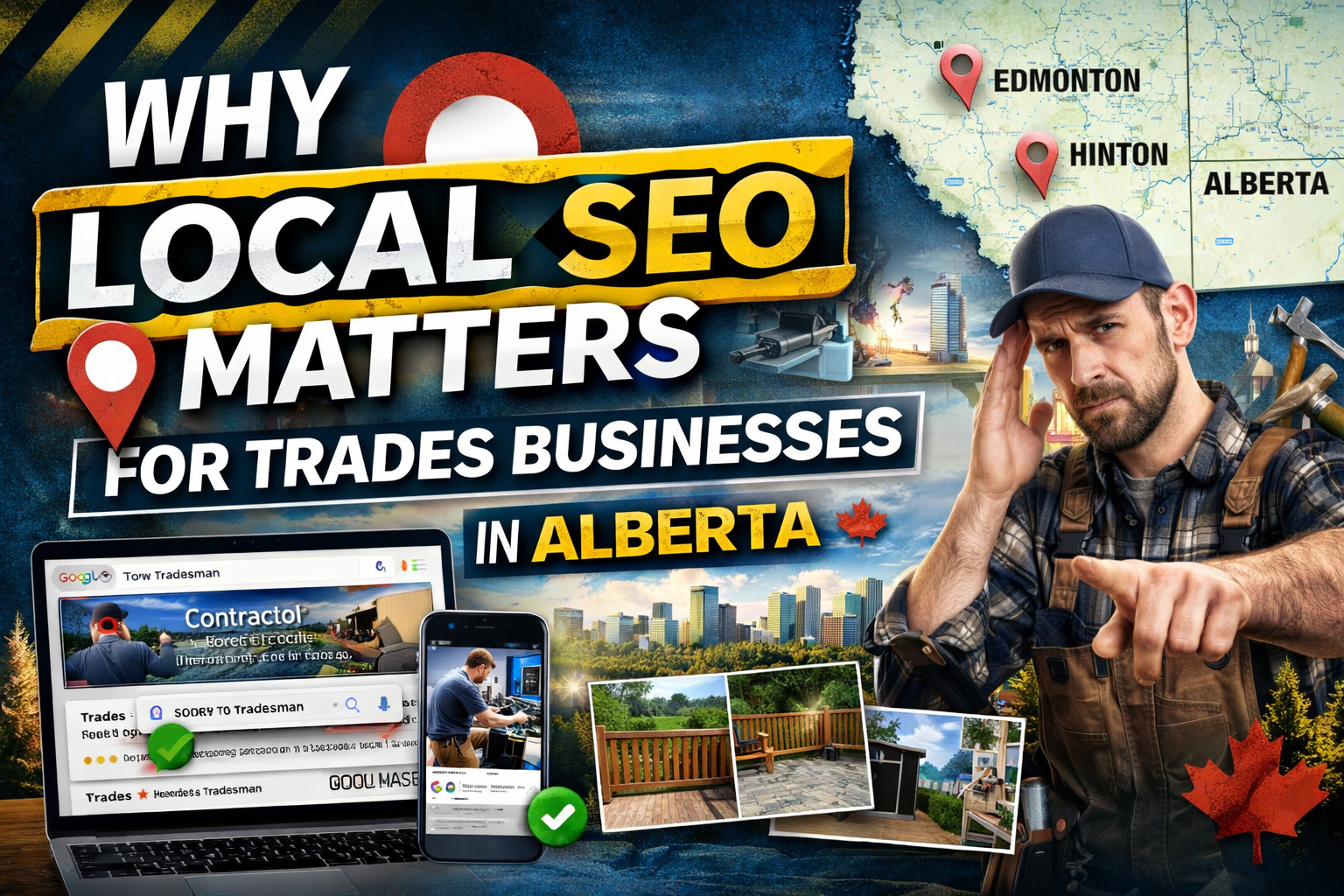 The image emphasizes the importance of local SEO for trades businesses in Alberta. It features a man with a tool belt and a cap, pointing, with a city skyline, maps of Alberta with city pins, and various digital devices displaying trade-related search results and images of work sites.