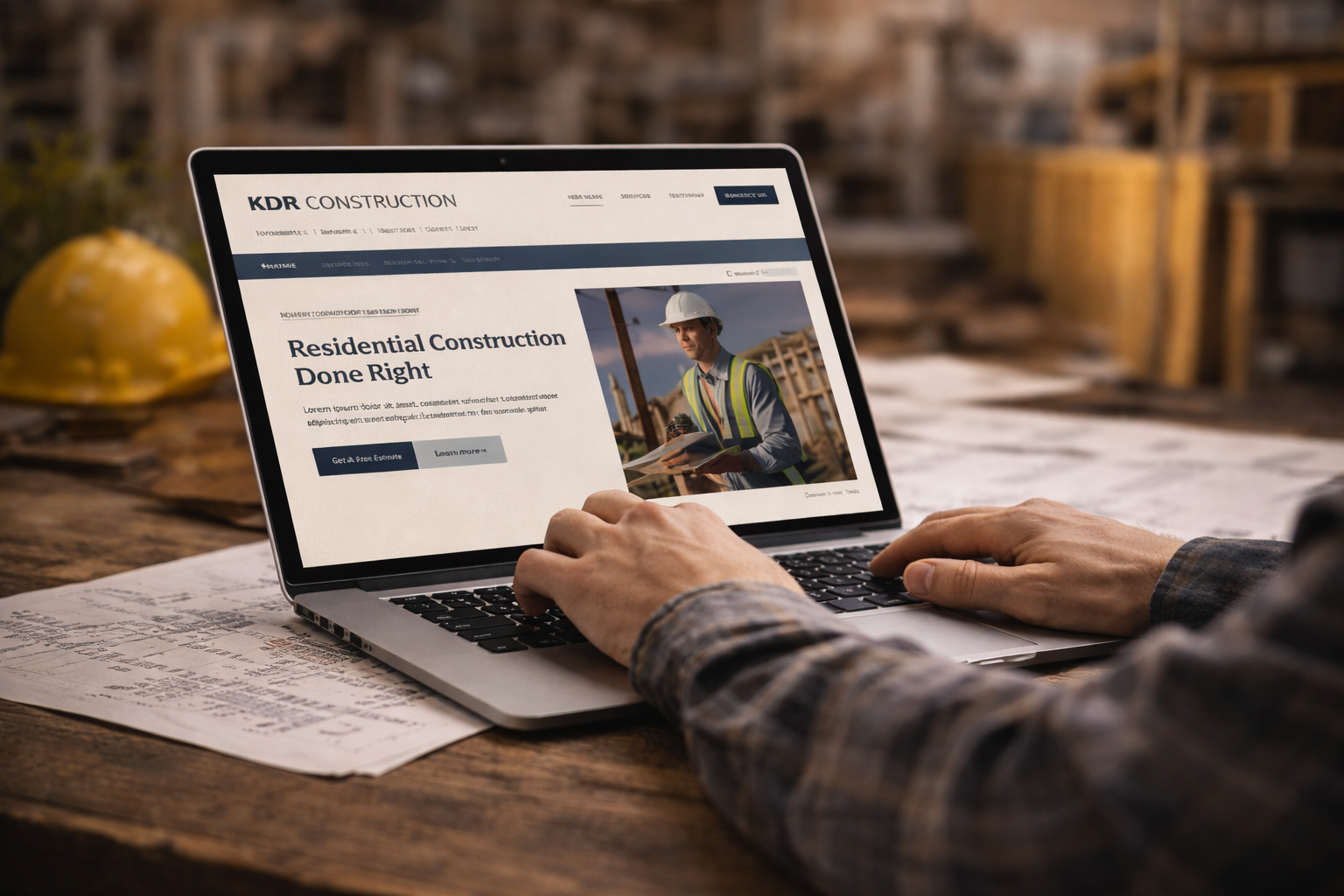 Person using a laptop on a wooden table with construction plans, viewing a webpage about residential construction.