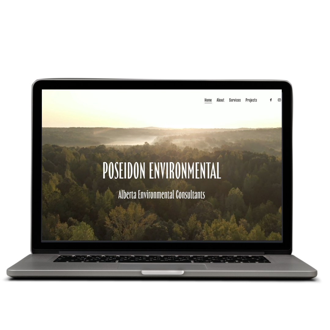 Laptop displaying a website for Poseidon Environmental with a background image of a forest landscape at sunrise.