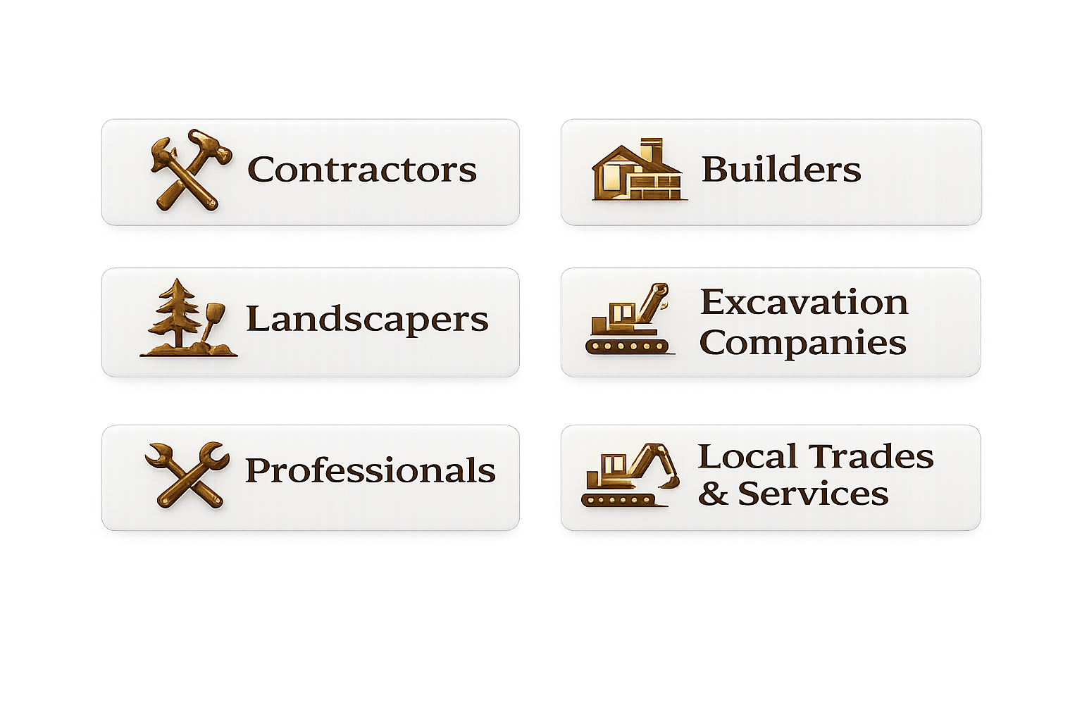 A digital menu showing options for different construction-related services, including Contractors, Builders, Landscapers, Excavation Companies, Professionals, and Local Trades & Services. Each option has an icon representing its service category.