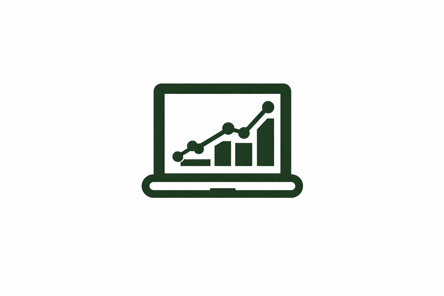 Icon of a laptop displaying a bar chart with an upward trending line graph.