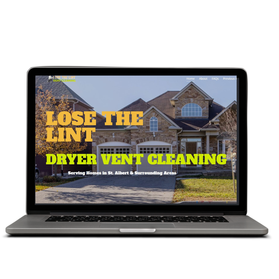 Laptop screen displaying a website for a dryer vent cleaning service called Lose the Lint, with a background image of a residential house and text about the service.