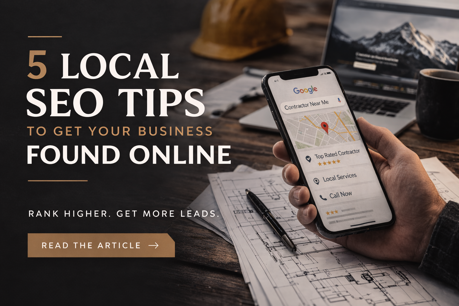 A person holding a smartphone displaying a Google search for contractor near me with a map showing a location pin, top rated contractor, local services, and call now options. The background includes architectural blueprints, a pen, a coffee mug, a laptop, and a safety helmet on a wooden desk.