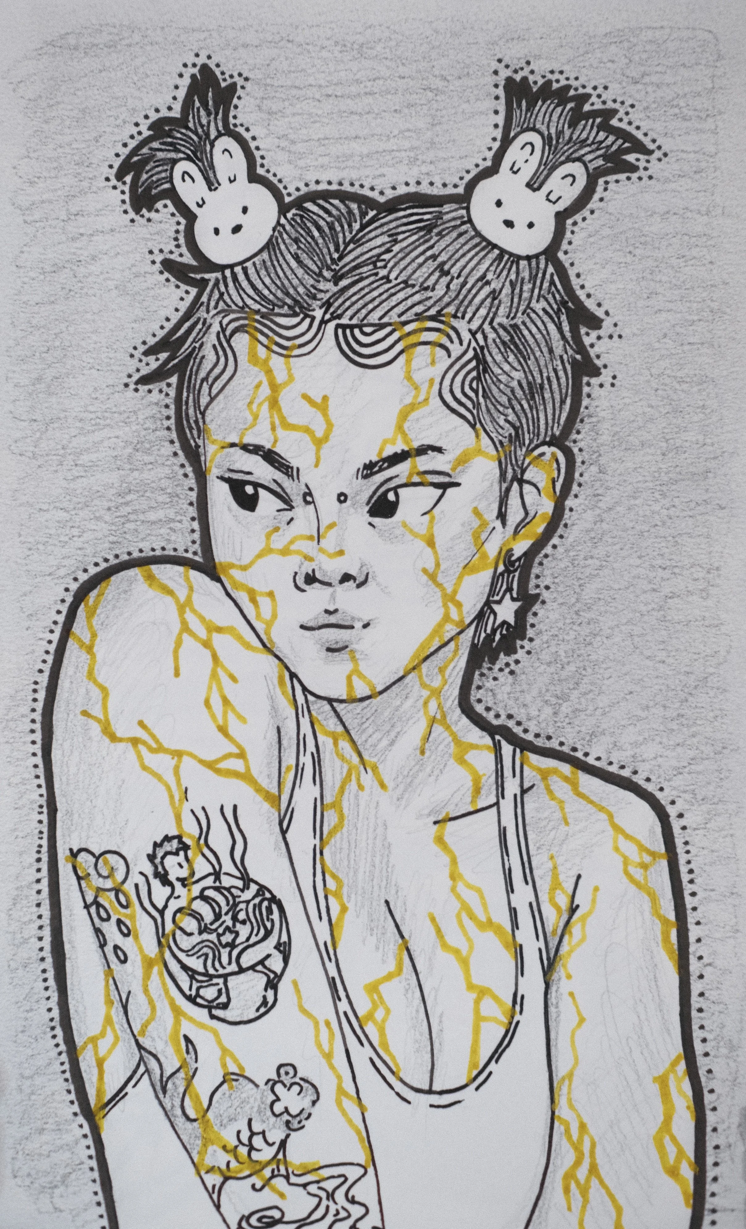 TRANSMUTATION (2026), 5.25x8.25, pencil, ink, paint marker