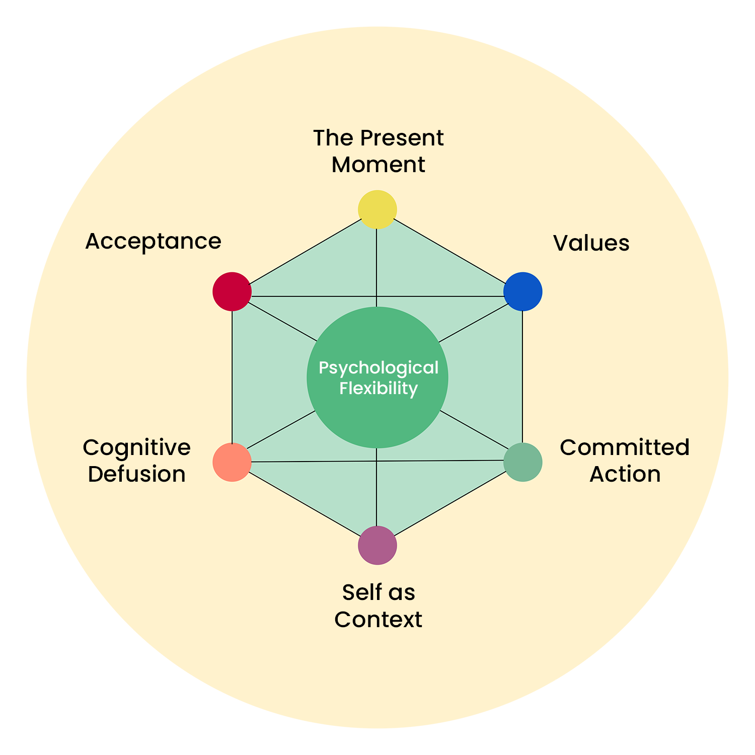 A diagram illustrating psychological flexibility with components including acceptance, values, committed action, self as context, cognitive defusion, and the present moment, all interconnected around a central circle labeled Psychological Flexibility.