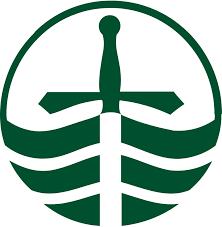 A logo featuring a sword pointing upward with three waves below it, enclosed in a green circle.