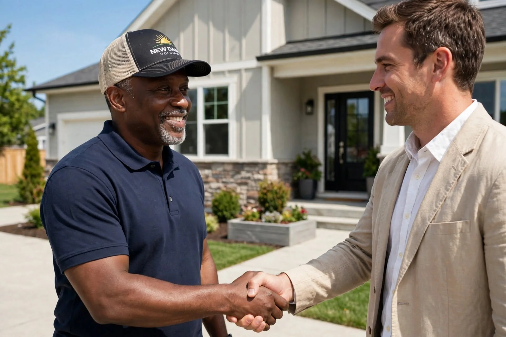 Two men shaking hands in front of a suburban house on a sunny day, smiling at each other.
