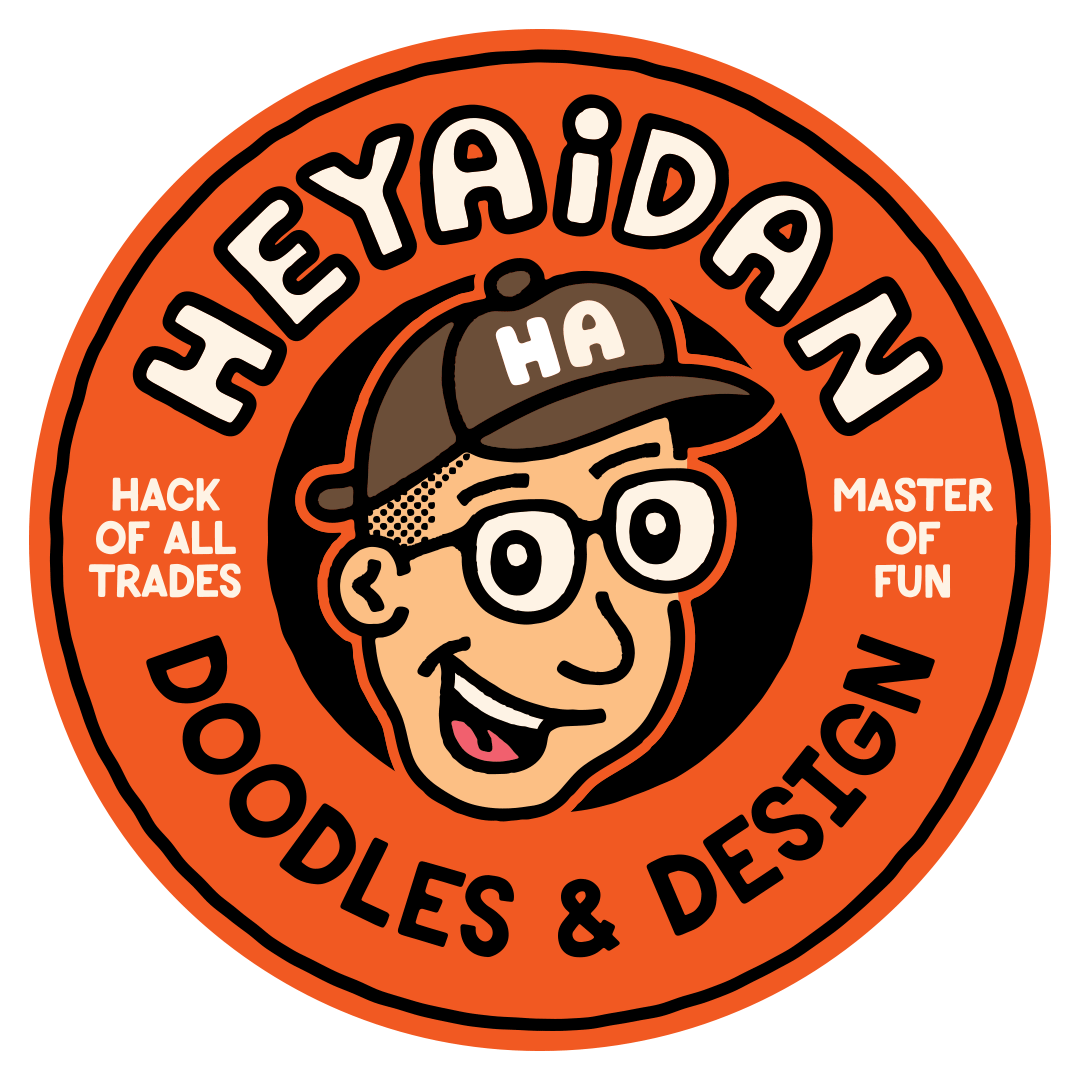 Illustration of a smiling man with glasses and a baseball cap, surrounded by an orange border with the text 'HeyAidan', 'Doodles & Design', 'Master of Fun', 'Hack of All Trades'.