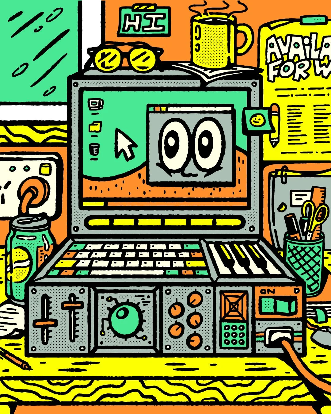 Colorful cartoon illustration of a cluttered workspace with a laptop displaying smiley eyes, a speaker with the text 'HI', sunglasses, a coffee mug, a newspaper, a soda can, and various office supplies.