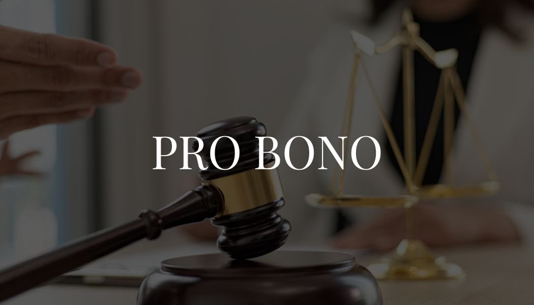 Legal symbols including a gavel and scales of justice with the text 'PRO BONO' in the foreground.