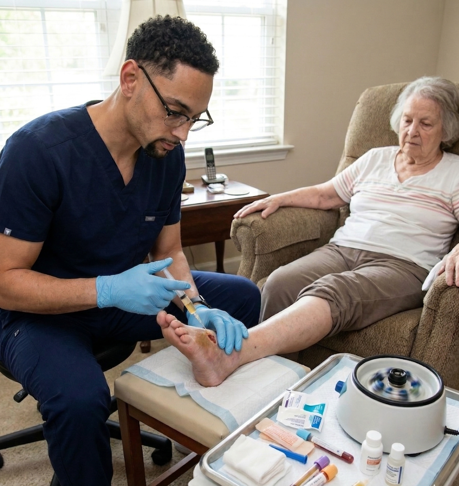 A healthcare professional in blue scrubs and gloves administers a tattoo to an elderly woman’s foot as she sits in a comfortable armchair in a living room. The room has a window with blinds, a side table with a telephone, and various medical supplies on a tray.