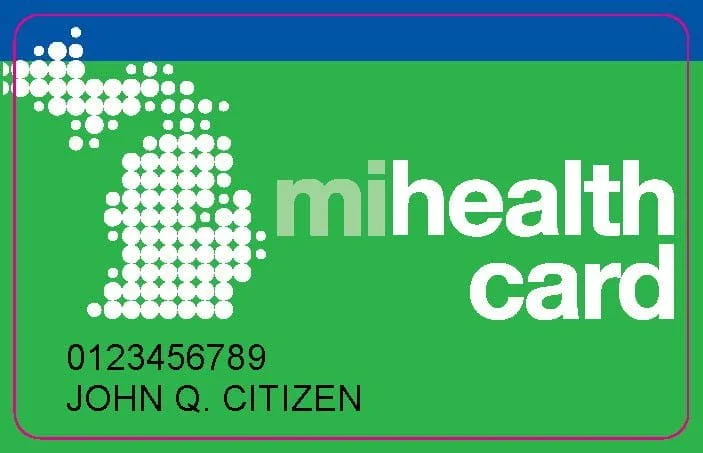 Green health insurance card with white dotted outline of Michigan state and white text reading 'mihealth card,' with a sample ID number and the name 'John Q. Citizen'.