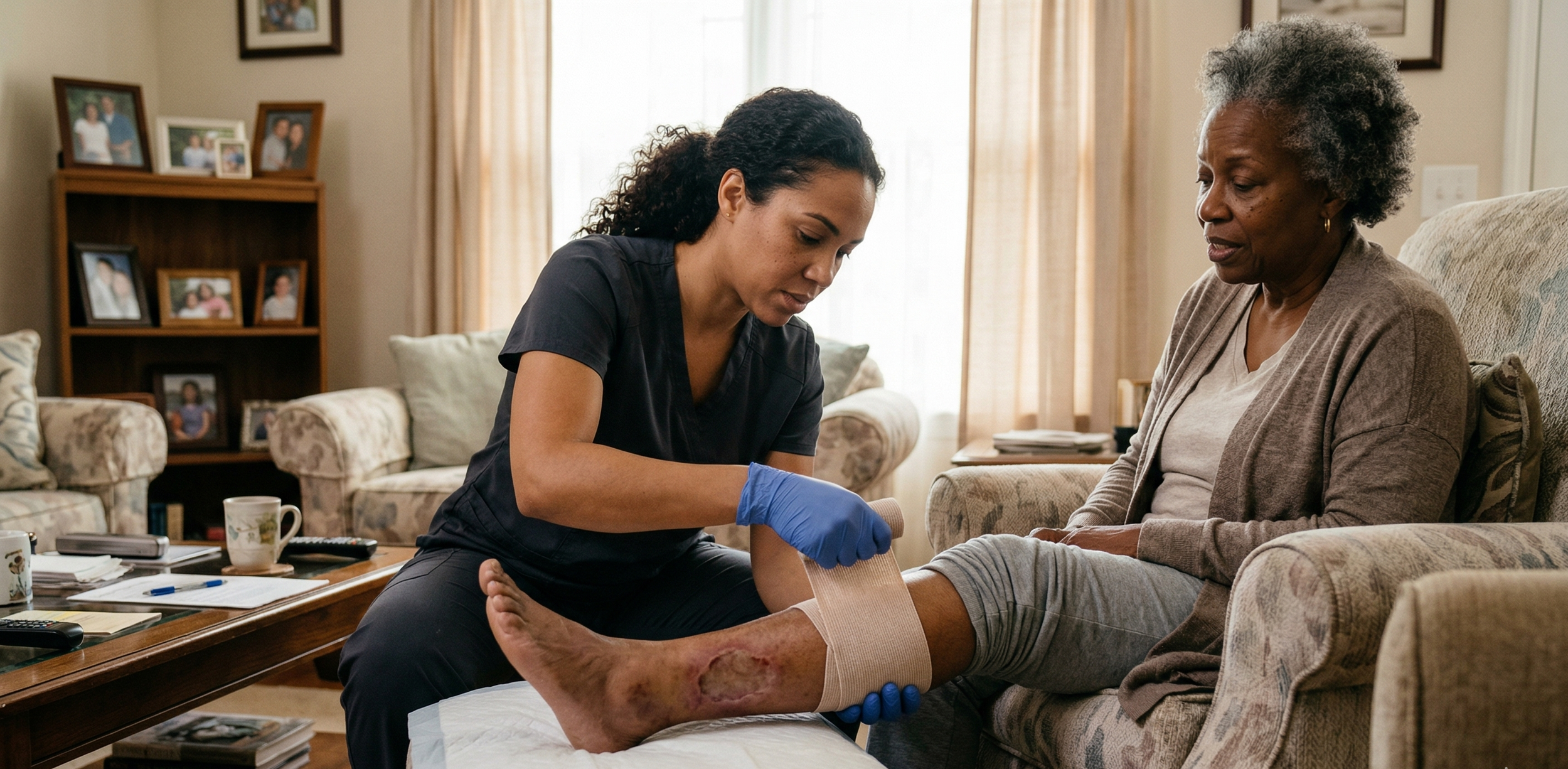 A healthcare worker attending to an elderly woman's leg that has a large, open wound, in a living room setting.