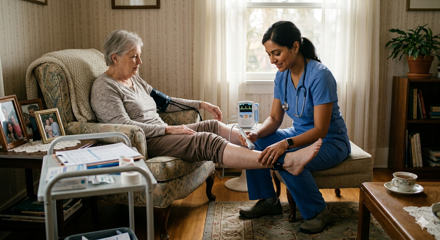 A healthcare professional, possibly a nurse, examining an elderly woman in a living room. The nurse is sitting on a stool, checking the woman's leg, with medical equipment nearby. The woman is seated on an armchair, and the room has family photos, a bookshelf, and a coffee cup on the side table.
