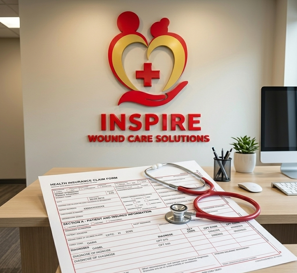 A wall logo for Inspire Wound Care Solutions with a stethoscope and health insurance claim form on a desk, alongside a computer, a plant, and a pen holder.