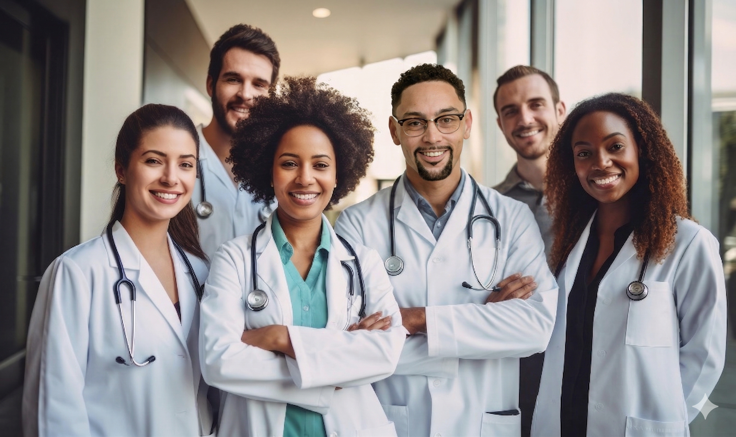 Group of diverse healthcare professionals in white lab coats and stethoscopes standing together, smiling indoors near large windows.
