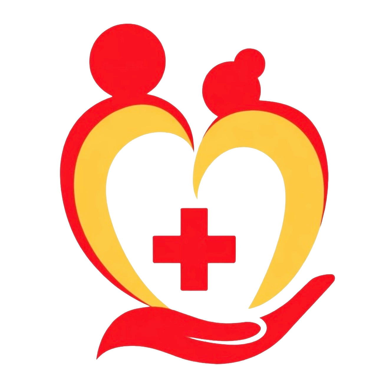 An illustration of a heart with a red cross inside, held by a red hand, representing healthcare or medical aid.