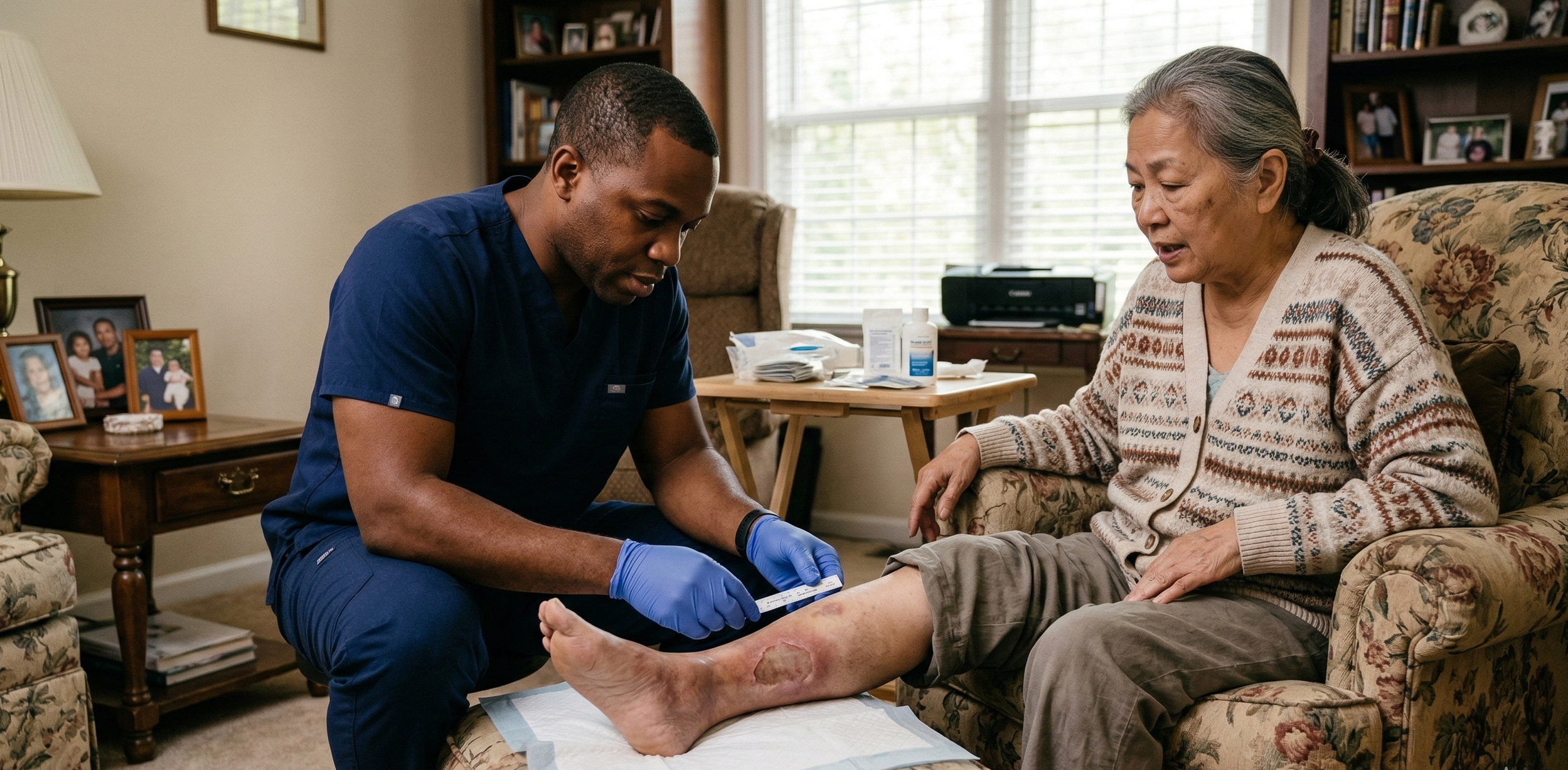 A healthcare worker in blue scrubs and gloves checks an elderly woman's leg, which is swollen and bruised, in a living room.
