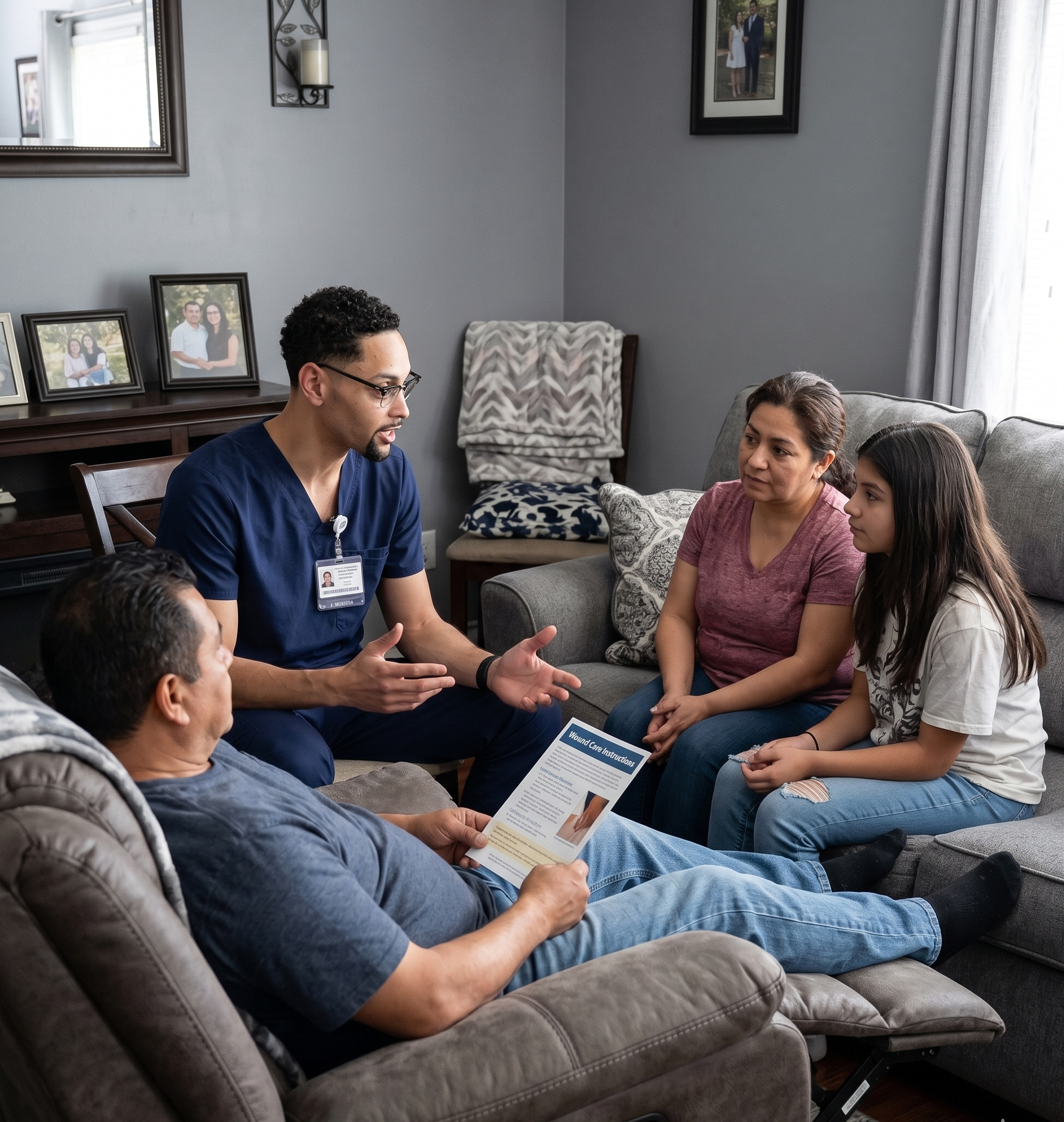 A nurse in blue scrubs talking to a family of four in a living room. The family is sitting on a sofa and chair, listening attentively. The man in a gray shirt is holding health instructions, while the woman and two young women are engaged in the discussion.